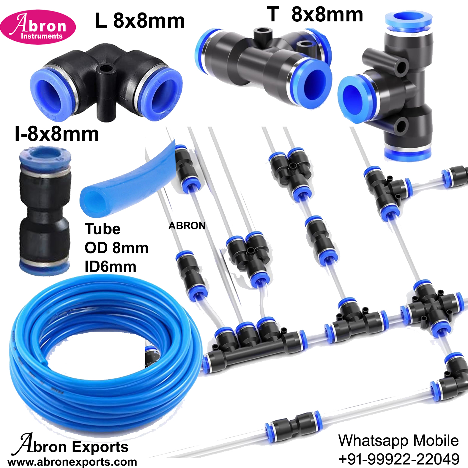 Pharmacy Water Pump Tube Connector 8mm 10 Meter Pneumatic Air Pipe Elbow 5pc Straight 5pc Tee 5pc Push to Connect Fitting Abron AB-2541T 